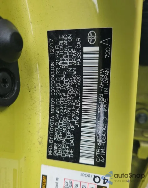 2018 Toyota Corolla Im z USA, uszkodzony, nr VIN JTNKARJE9JJ565620